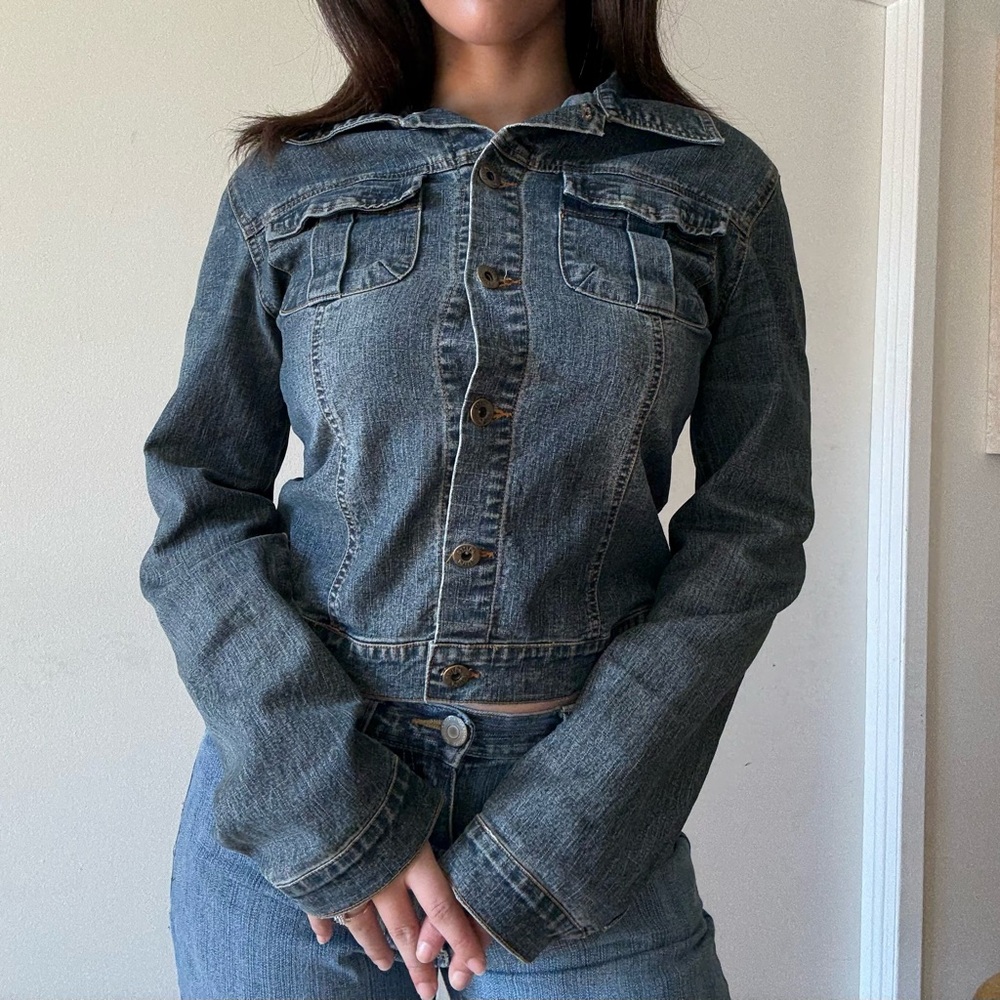1990s Faded Fitted Denim Jacket -Grunge Y2K Jean Jacket — Small - Picture 3 of 7